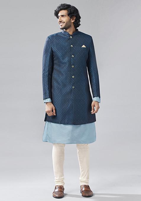 Navy Blue Jacquard Silk Blend Kurta Sherwani Set