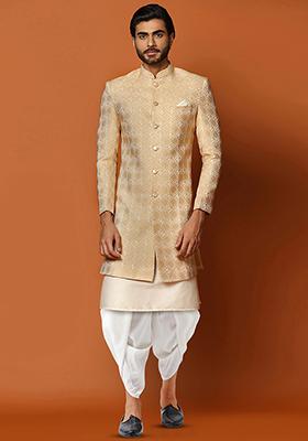 Peach Jacquard Silk Blend Kurta Sherwani Set