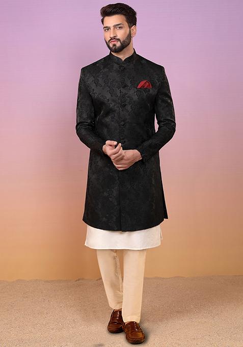 Black Jacquard Silk Blend Kurta Sherwani Set