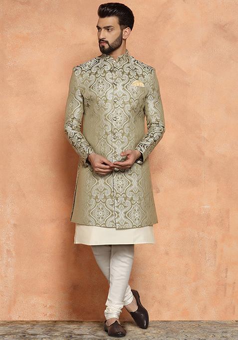 Olive Jacquard Silk Blend Kurta Sherwani Set
