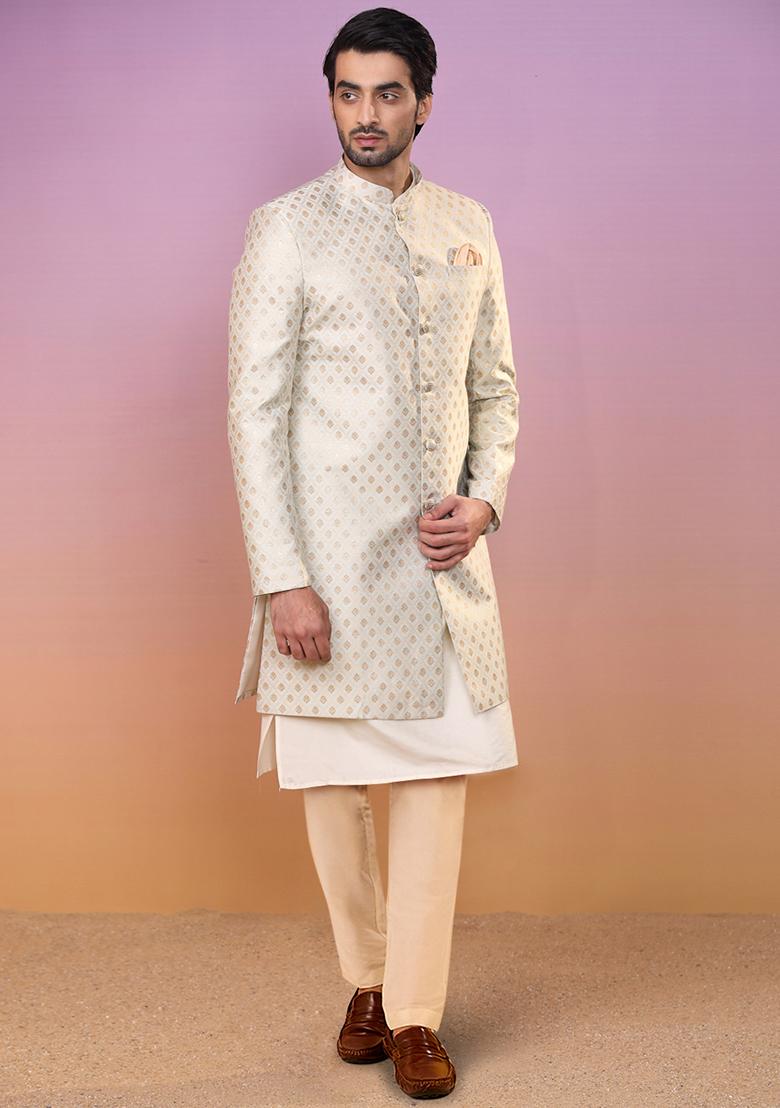 Blue Jacquard Silk Blend Kurta Sherwani Set