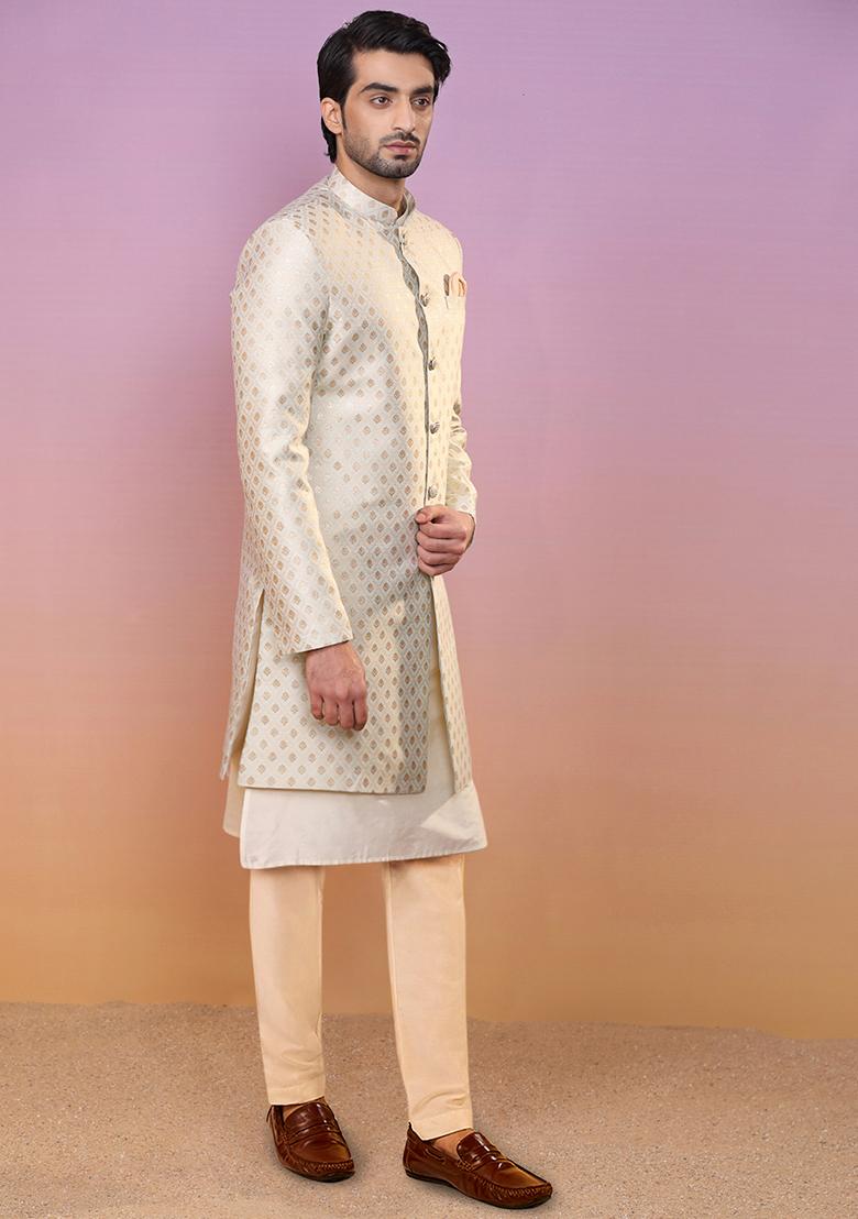 Blue Jacquard Silk Blend Kurta Sherwani Set - Indya
