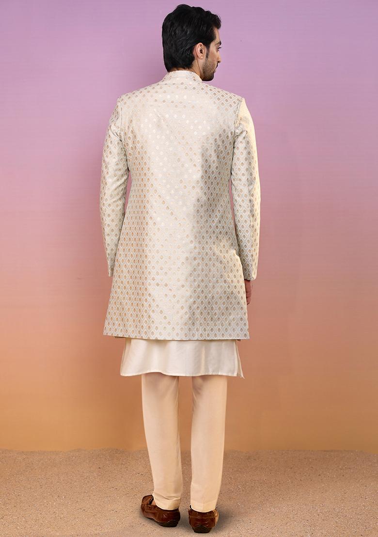Blue Jacquard Silk Blend Kurta Sherwani Set