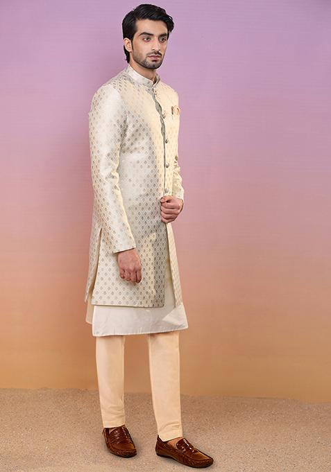 Blue Jacquard Silk Blend Kurta Sherwani Set