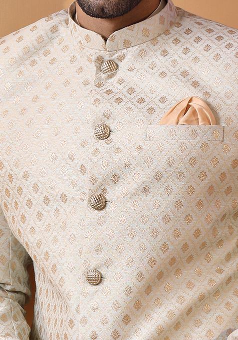 Blue Jacquard Silk Blend Kurta Sherwani Set