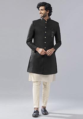 Black Solid Cotton Blend Kurta Sherwani Set