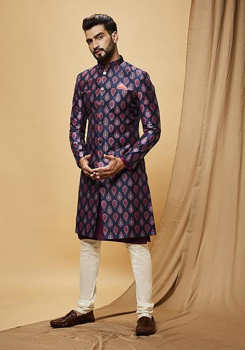Blue Jacquard Silk Blend Kurta Sherwani Set