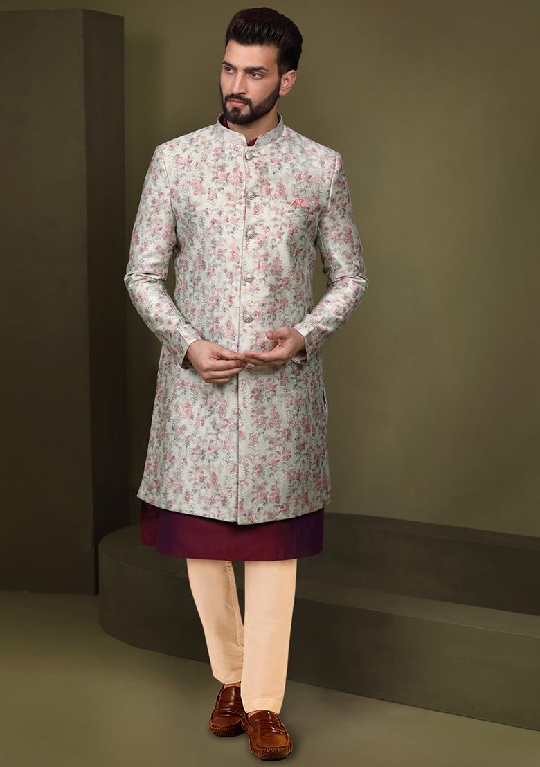 Multicolour Jacquard Silk Blend Kurta Sherwani Set