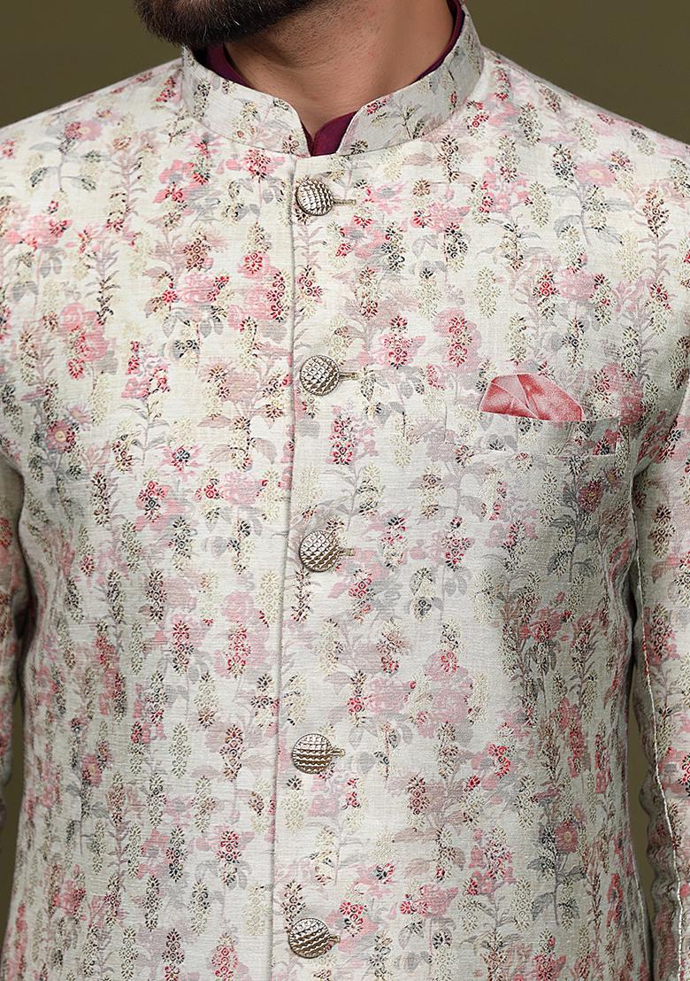 Multicolour Jacquard Silk Blend Kurta Sherwani Set