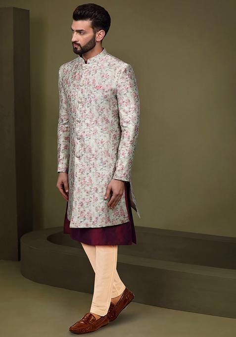 Multicolour Jacquard Silk Blend Kurta Sherwani Set