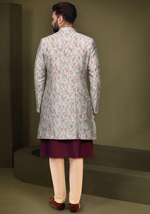 Multicolour Jacquard Silk Blend Kurta Sherwani Set