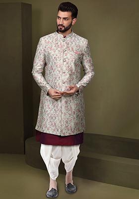 Multicolour Jacquard Silk Blend Kurta Sherwani Set