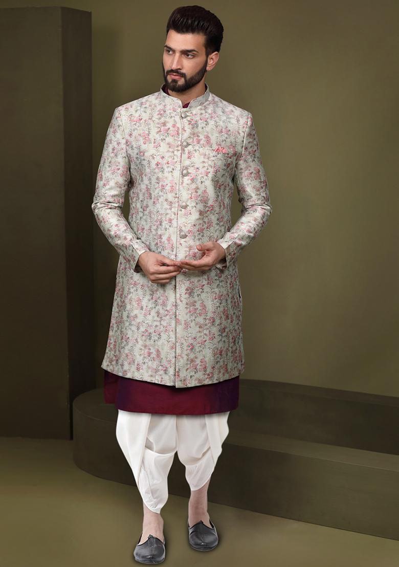 Multicolour Jacquard Silk Blend Kurta Sherwani Set