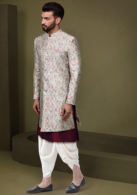 Multicolour Jacquard Silk Blend Kurta Sherwani Set