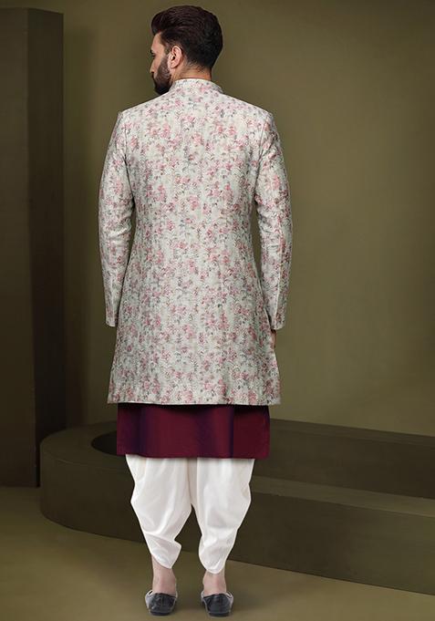 Multicolour Jacquard Silk Blend Kurta Sherwani Set