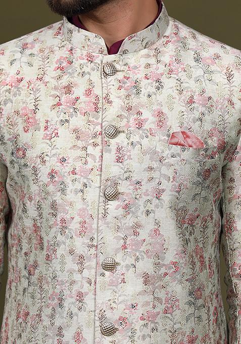 Multicolour Jacquard Silk Blend Kurta Sherwani Set