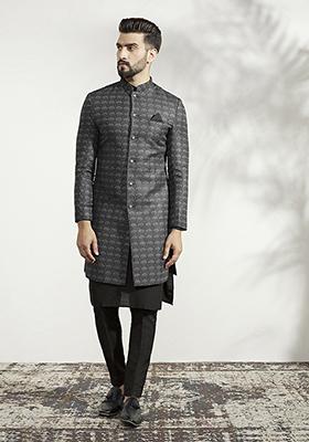 Ash Grey And Black Textured Silk Blend Jacquard Kurta Sherwani Set