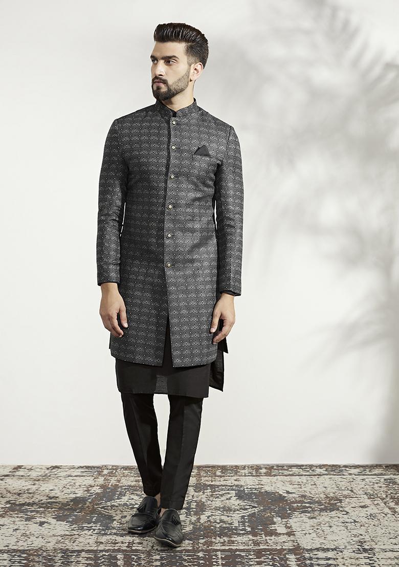 Ash Grey And Black Textured Silk Blend Jacquard Kurta Sherwani Set