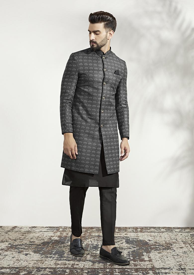 Ash Grey And Black Textured Silk Blend Jacquard Kurta Sherwani Set