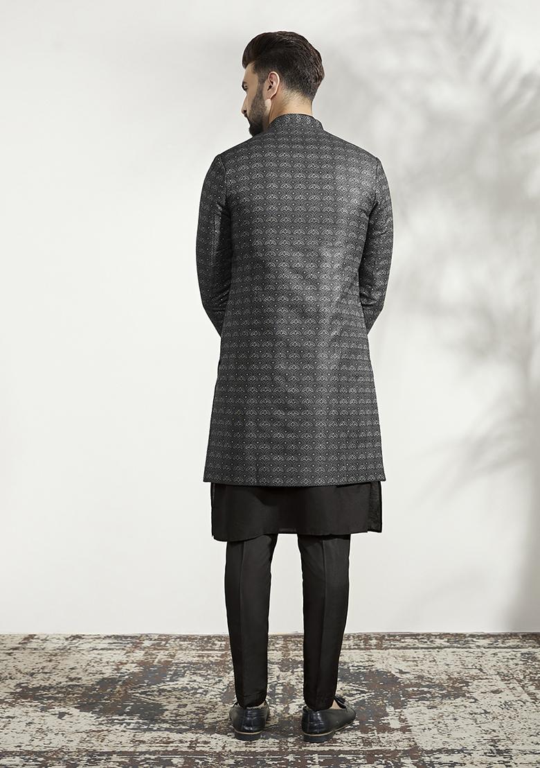 Ash Grey And Black Textured Silk Blend Jacquard Kurta Sherwani Set