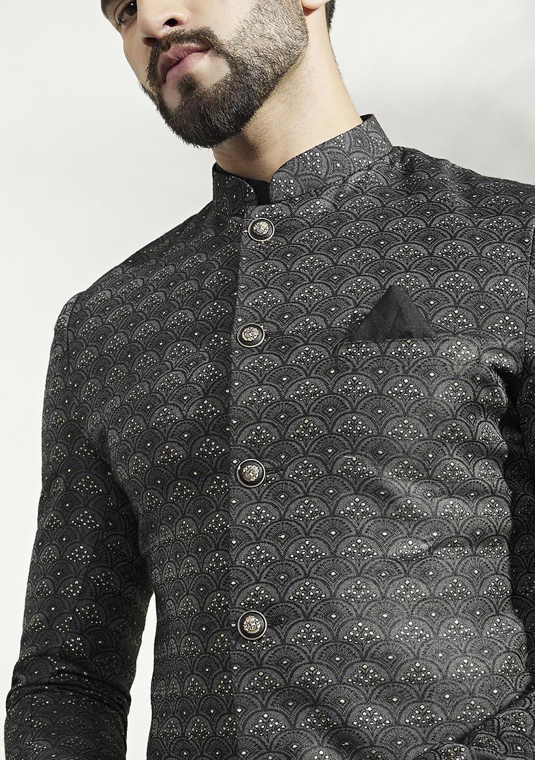 Ash Grey And Black Textured Silk Blend Jacquard Kurta Sherwani Set