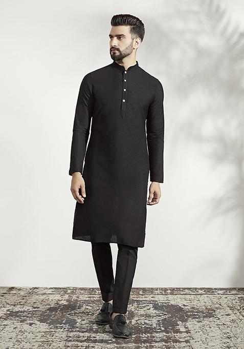Ash Grey And Black Textured Silk Blend Jacquard Kurta Sherwani Set