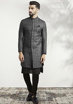 Ash Grey And Black Textured Silk Blend Jacquard Kurta Sherwani Set