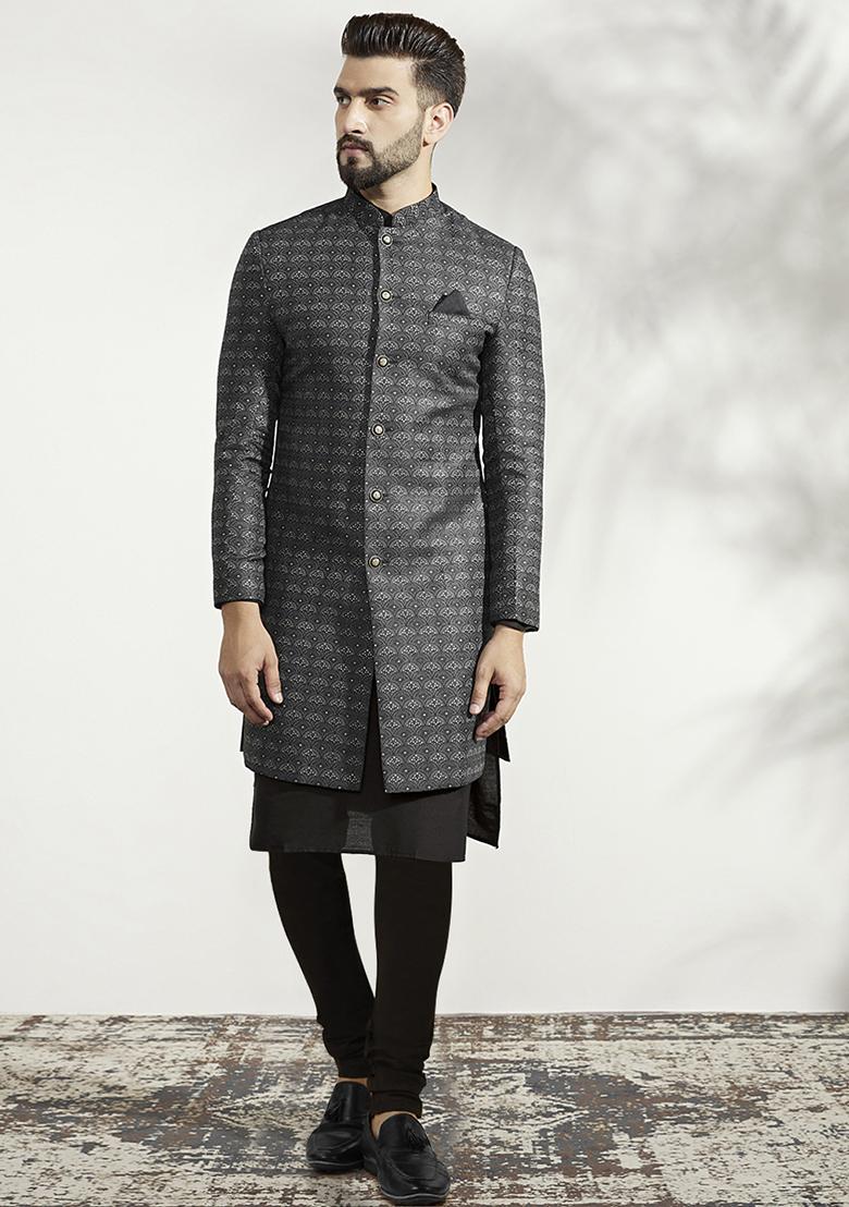 Ash Grey And Black Textured Silk Blend Jacquard Kurta Sherwani Set