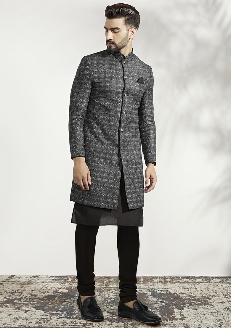 Ash Grey And Black Textured Silk Blend Jacquard Kurta Sherwani Set