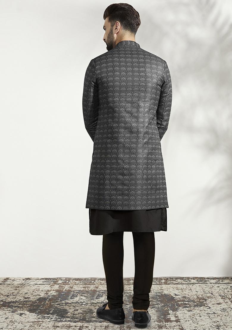 Ash Grey And Black Textured Silk Blend Jacquard Kurta Sherwani Set