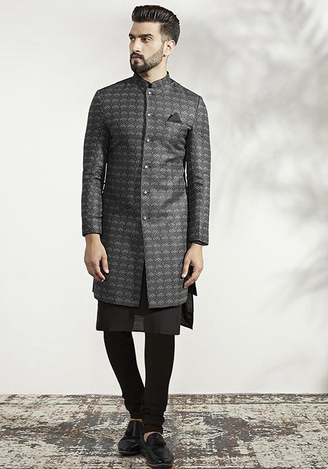 Ash Grey And Black Textured Silk Blend Jacquard Kurta Sherwani Set