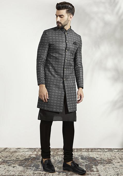 Ash Grey And Black Textured Silk Blend Jacquard Kurta Sherwani Set