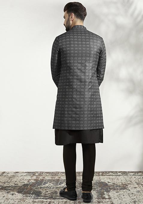 Ash Grey And Black Textured Silk Blend Jacquard Kurta Sherwani Set
