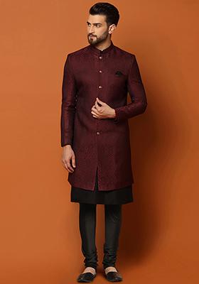 Maroon Textured Silk Blend Jacquard Kurta Sherwani Set