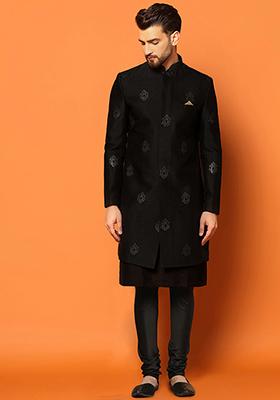 Black Embroidered Silk Blend Kurta Sherwani Set