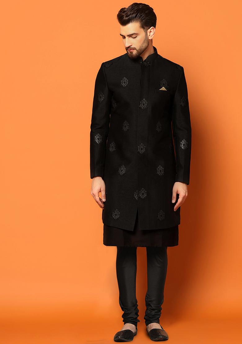 Black Embroidered Silk Blend Kurta Sherwani Set