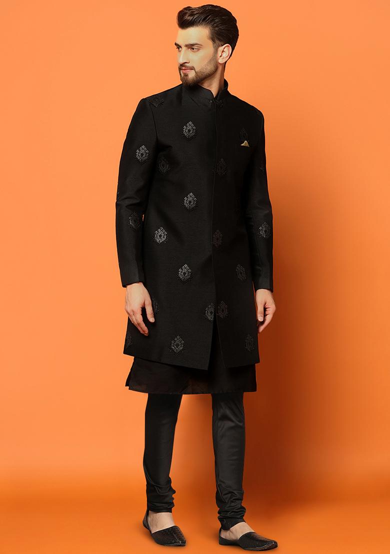 Black Embroidered Silk Blend Kurta Sherwani Set - Indya