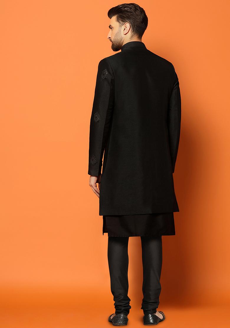 Black Embroidered Silk Blend Kurta Sherwani Set
