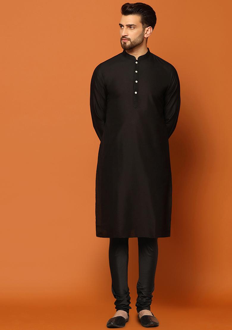 Black Embroidered Silk Blend Kurta Sherwani Set - Indya