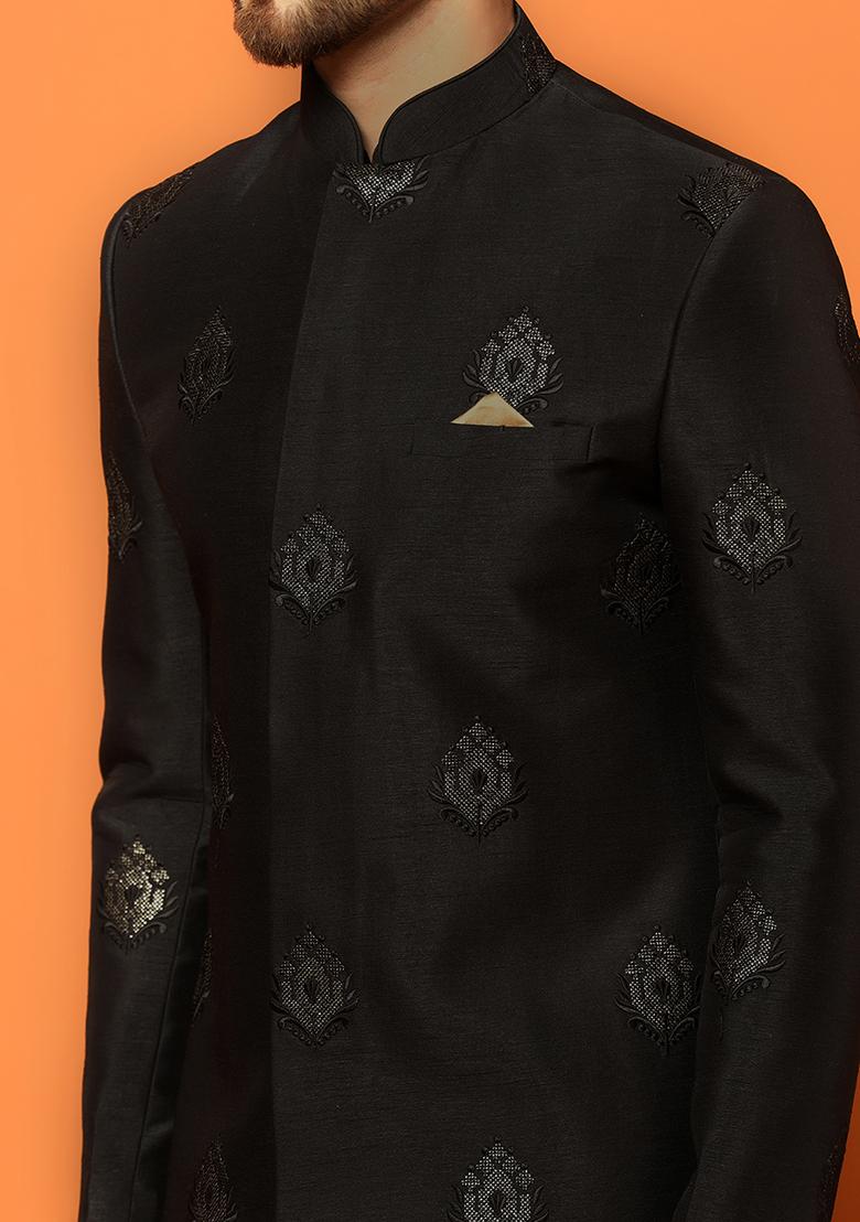 Black Embroidered Silk Blend Kurta Sherwani Set