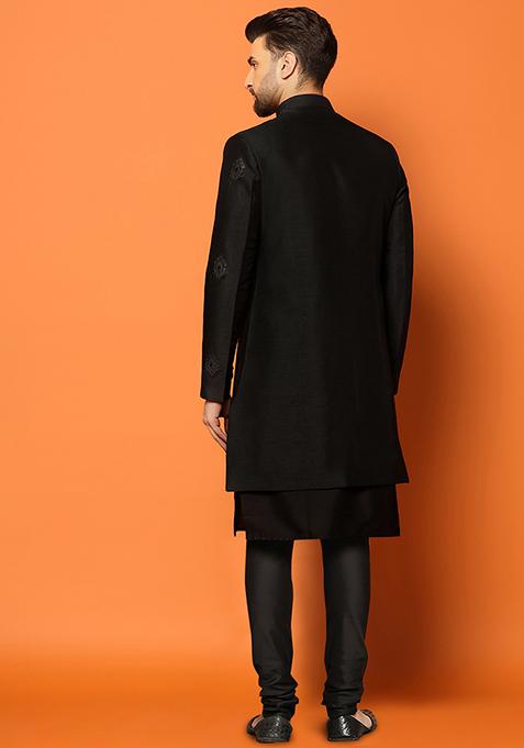 Black Embroidered Silk Blend Kurta Sherwani Set