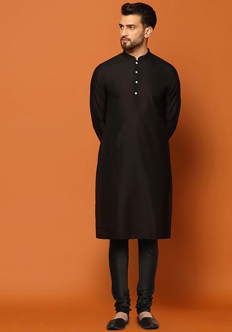 Black Embroidered Silk Blend Kurta Sherwani Set