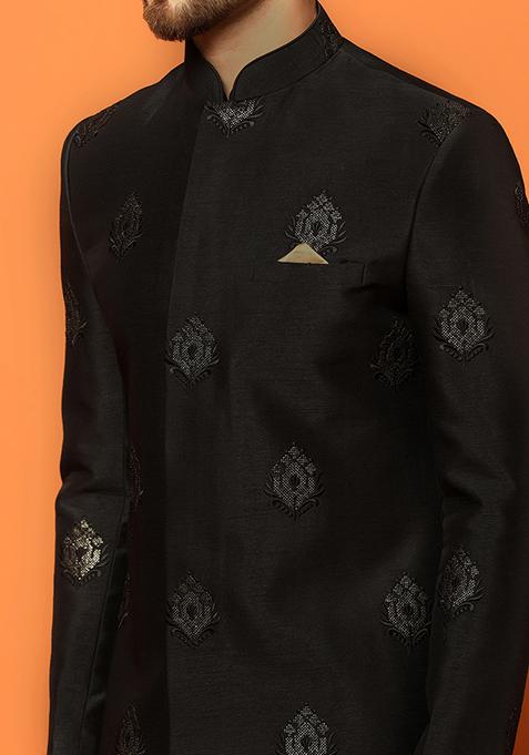 Black Embroidered Silk Blend Kurta Sherwani Set