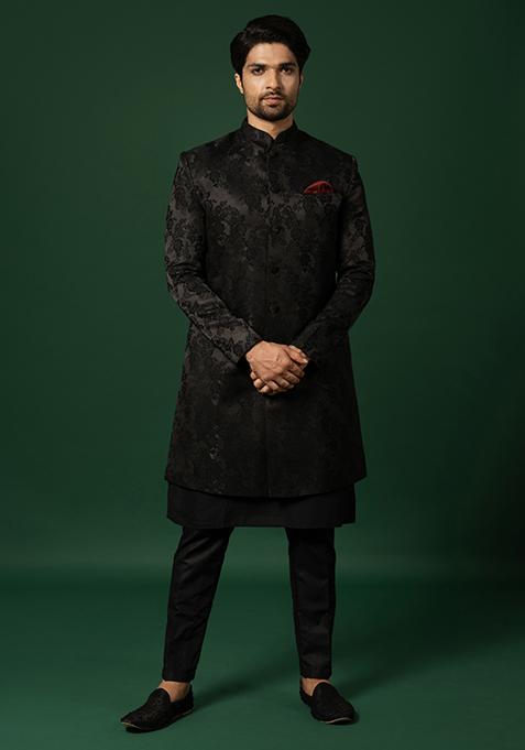 Black Textured Silk Blend Jacquard Kurta Sherwani Set