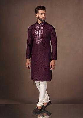 Purple Sequin Embroidered Cotton Blend Kurta