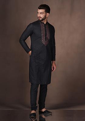 Black Sequin Embroidered Cotton Blend Kurta