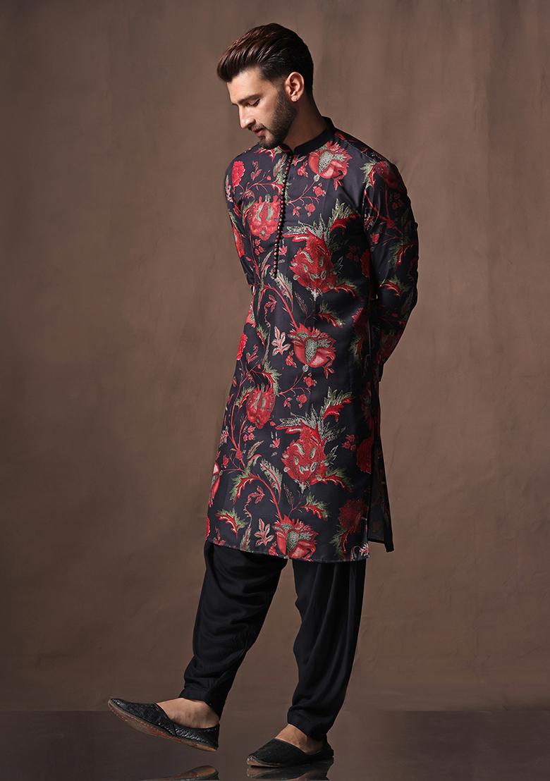 Black Printed Cotton Blend Kurta - Indya