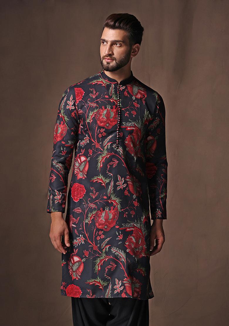 Black Printed Cotton Blend Kurta - Indya