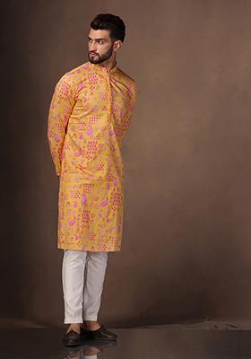 Yellow Printed Silk Blend Kurta