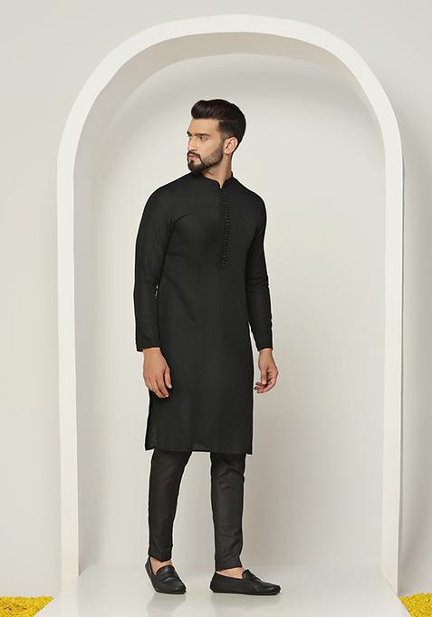 Black Textured Silk Blend Jacquard Kurta